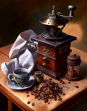 Watercolor illustration of morning coffee background with old vintage coffee grinder and beans. Generative AI