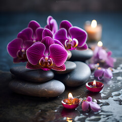 Tranquil scene of candles, orchids and spa accessories. Spa Treatment concept. Generated Ai