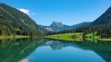 Alpine lake in an environment of mountains and the woods