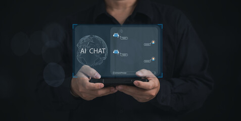 AI Chat technology concept : Man using smart robot AI to enter command prompt for generates something by artificial intelligence for Futuristic technology transformation.	