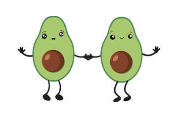 A set of avocados in the style of kawaii. Avocado fruits in a flat design. Vector