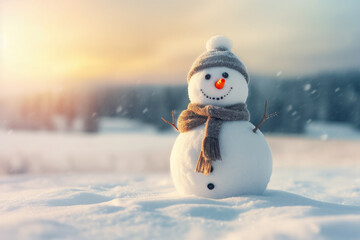 Obraz premium Snowman in a winter Christmas scene with snow, pine trees and warm light. Merry Christmas background.
