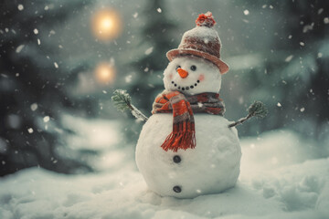 Snowman in a winter Christmas scene with snow, pine trees and warm light. Merry Christmas background.