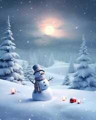 Fototapeta premium Snowman in a winter Christmas scene with snow, pine trees and warm light. Merry Christmas background.