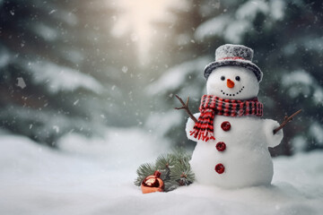 Fototapeta premium Snowman in a winter Christmas scene with snow, pine trees and warm light. Merry Christmas background.