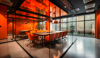 orange conference room with glass partition