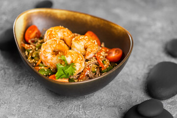 Udon stir-fry noodles with shrimp and vegetables. Asian cuisine