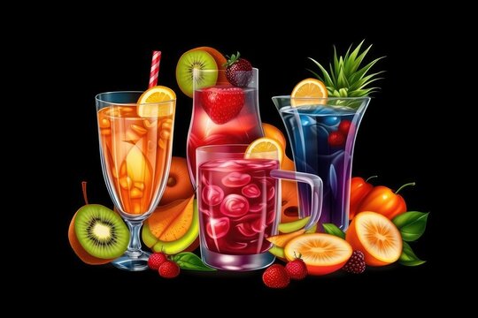 Fresh cocktails and juice drinks with fruit on black background. (Generative AI)