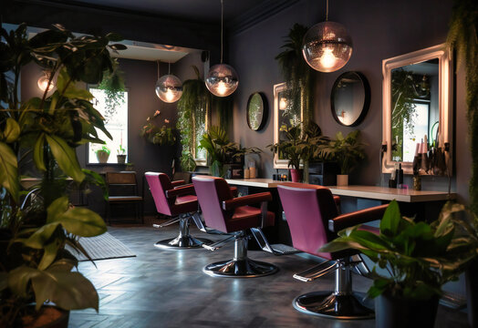 a hair salon with chairs and plants around