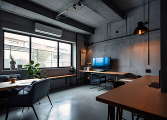 an airy space and a large monitor hung on the wall