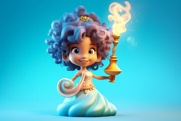 A cute 3d character of a genie with lamp - obrazy, fototapety, plakaty