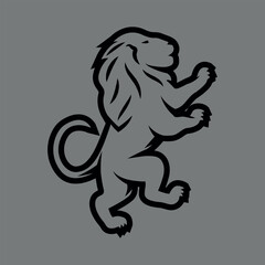 Flat illustration of a lion standing on its hind legs. Black vector on gray background