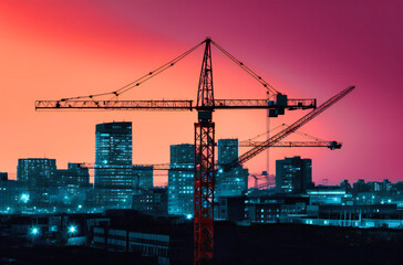 Obraz premium crane and construction in front of the city skyline