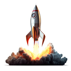 Launch of a red rocket isolated on clear PNG background, made of precious metal. Successful start concept. - obrazy, fototapety, plakaty