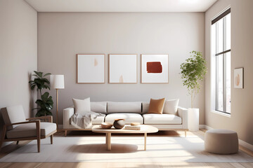 Naklejka na ściany i meble image of a minimalist living room with clean lines, neutral palette, and abundant natural light, simplicity, serenity, harmonious design, mindful living, airy atmosphere