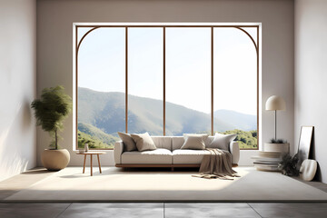 image of a minimalist living room with clean lines, neutral tones, and large windows overlooking a scenic landscape, understated elegance, connection to nature, serene atmosphere 