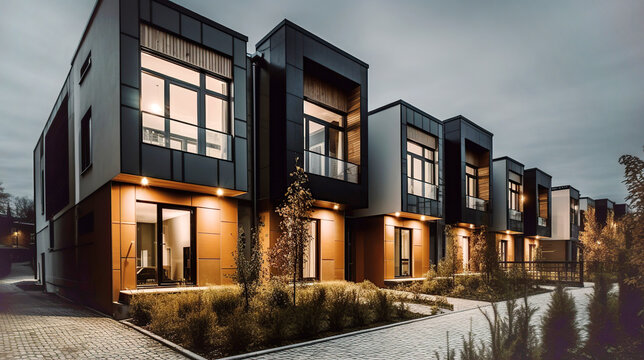 Modern modular private black townhouses. Residential architecture exterior. Created with generative Ai