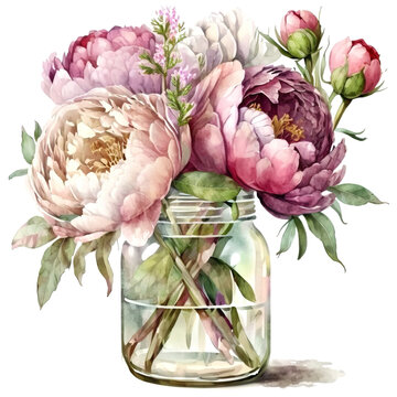 Flowers watercolor painting, glass jar with garden flowers and leaves, greeting card, invitation, poster, wedding decoration and other images. Illustration isolated on white.