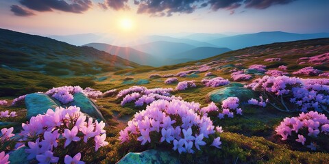 Fototapeta na wymiar AI Generated. AI Generative. Beautiful rhododendron flowers over sunset mountains field landscape. Graphic Art