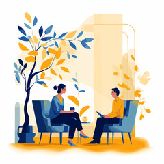 Illustration of a conversation with a psychologist two people in cartoon style talking at a psychologist's counseling session - obrazy, fototapety, plakaty