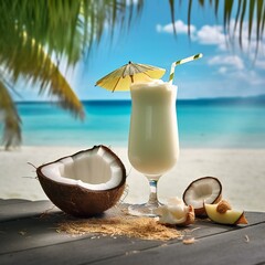 Coconut Smoothie or drink close-up with a vacation beach background. Created with generative AI technology.