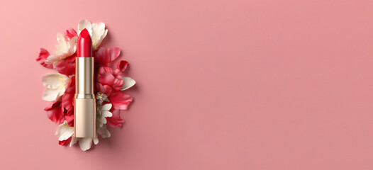 Top view pink lipstick banner with flowers. Empty Space for text. Created with generative AI technology.