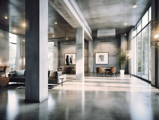 building lobby with a cement wall and white columns