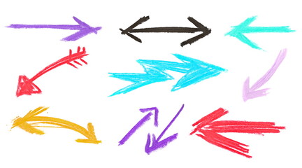 Set grunge arrow, colorful chalk isolated on white 