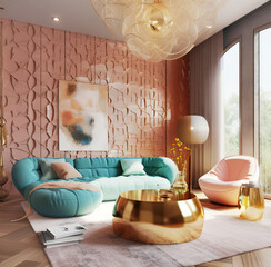 Hollywood regency style interior design of modern living room with turquoise sofa and pink armchair near golden round coffee table. Created with generative AI