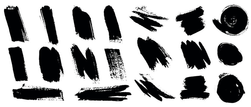 set of grunge style paint brush, strokes and stains, black ink splash
