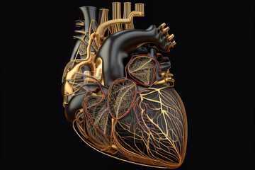 mechanical anatomical heart in gold and black color with black background made with Generative AI
