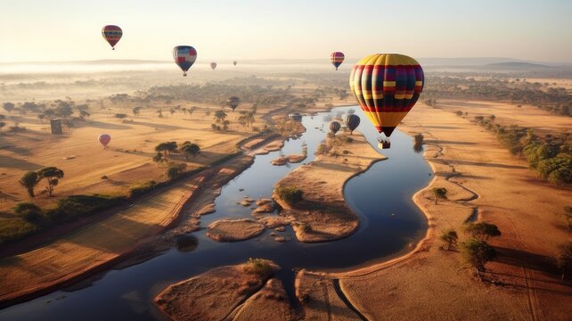 Aerial tranquility: Images depict hot air balloons floating peacefully above landscapes, capturing the serene and meditative experience of balloon rides. Generative AI
