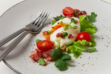 poached egg, with bacon and vegetables, breakfast, homemade,