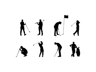 Golf player silhouette vector. Silhouettes of golfer playing golf in various poses. Golf player silhouette isolated on white background.