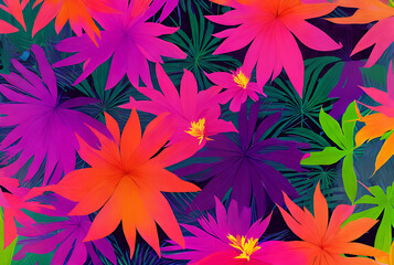 Fototapeta na wymiar Tropical botanical background with volumetric flowers. Neon.