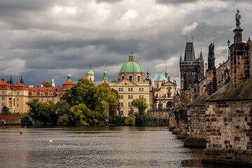 Fototapeta na wymiar Church Dome / Charles Bridge from the River Vltava, Prague