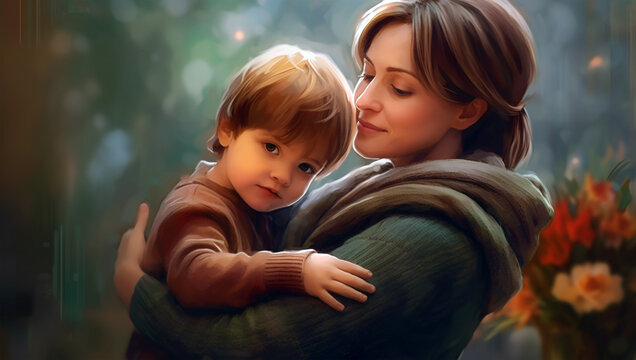 Painted image of a young mother holding her son in her arms, parenthood, mother's day, green background