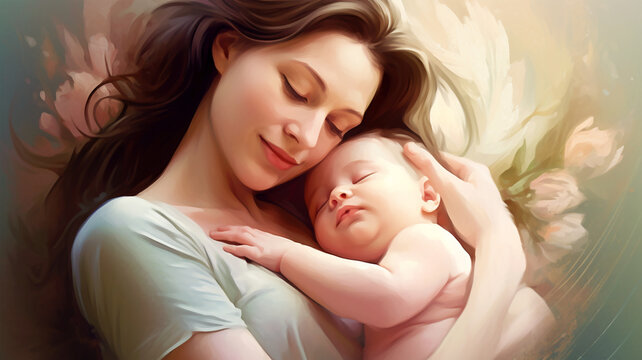 Painted image of a young mother holding her son in her arms, parenthood, mother's day