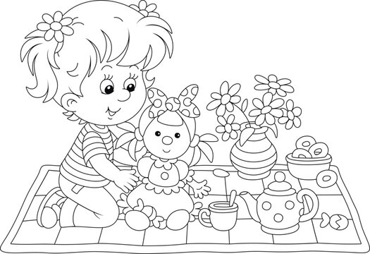 Happy little girl playing with her doll and a toy tea-set on a colorful checkered carpet in a nursery, black and white outline vector cartoon illustration for a coloring book page