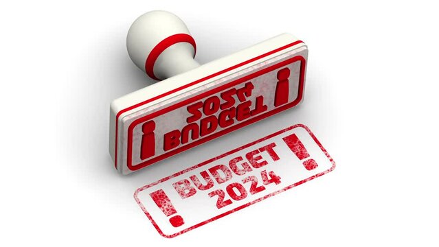 Budget 2024. The stamp and an imprint. The seal stamp leaves a red imprint BUDGET 2024. Footage video