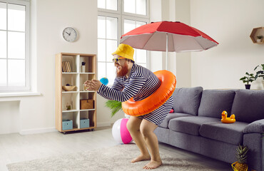 Funny fat man being at home going on summer vacation and imagining how he dives into sea. Side view...