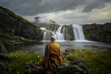 Buddhist monk observing a waterfall. AI generative