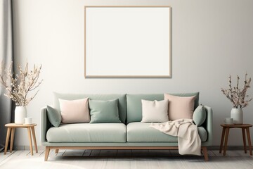 Modern scandinavian living room interior. Wooden picture frame, poster mockup. Sofa with throw blanket and pillows. Cherry plum blossoms in vase. Elegant stylish minimal home decor. Generative AI