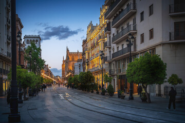 Fototapeta na wymiar Avenida de la Constitucion Street at Sunset with Seville Cathedral - Seville, Andalusia, Spain