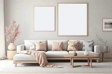 Modern scandinavian living room interior. Wooden picture frame, poster mockup. Sofa with throw blanket and pillows. Cherry plum blossoms in vase. Elegant stylish minimal home decor. Generative AI