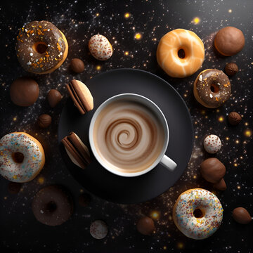 Cappuccino coffe with creative cakes and donuts. Universe, space, concept, stars. Flat lay. Dark background. Generative AI