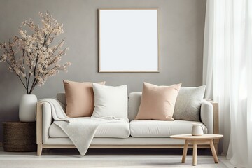Modern scandinavian living room interior. Wooden picture frame, poster mockup. Sofa with throw blanket and pillows. Cherry plum blossoms in vase. Elegant stylish minimal home decor. Generative AI