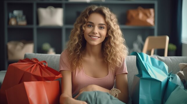 Photo of a young happy woman. Satisfied Beautiful woman unpacking shopping, sitting on sofa at home. Generative ai.