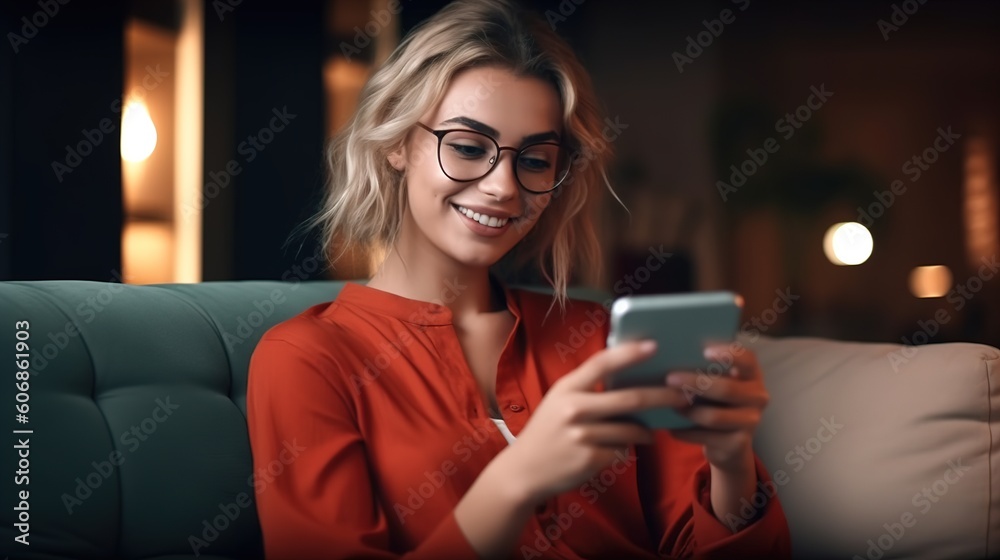 Wall mural Photo of Young happy busy business woman executive using laptop mobile cell phone tech at office. Professional businesswoman holding smartphone, working on cellphone. Generative ai.