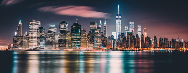 A panoramic view of the New York city skyline at night - Generative AI - obrazy, fototapety, plakaty